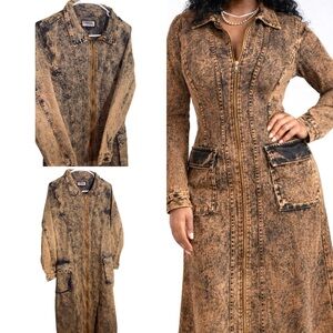 Acid Wash Denim Maxi Dress | Brown Utility Fitted | Vintage Y2K Streetwear L